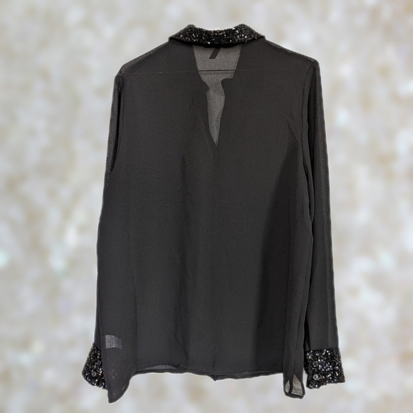 Ali & Kris Chiffon Sheer Blouse Button Up Sequin Collar, Cuff Long Sleeve- sz M - Picture 2 of 7